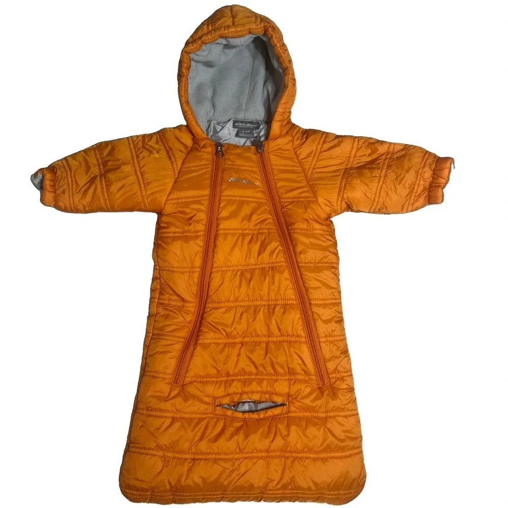 Eddie Bauer Snowsuit Unisex 3-6 Months Orange Quilted Hood Fleece Lined Bunting